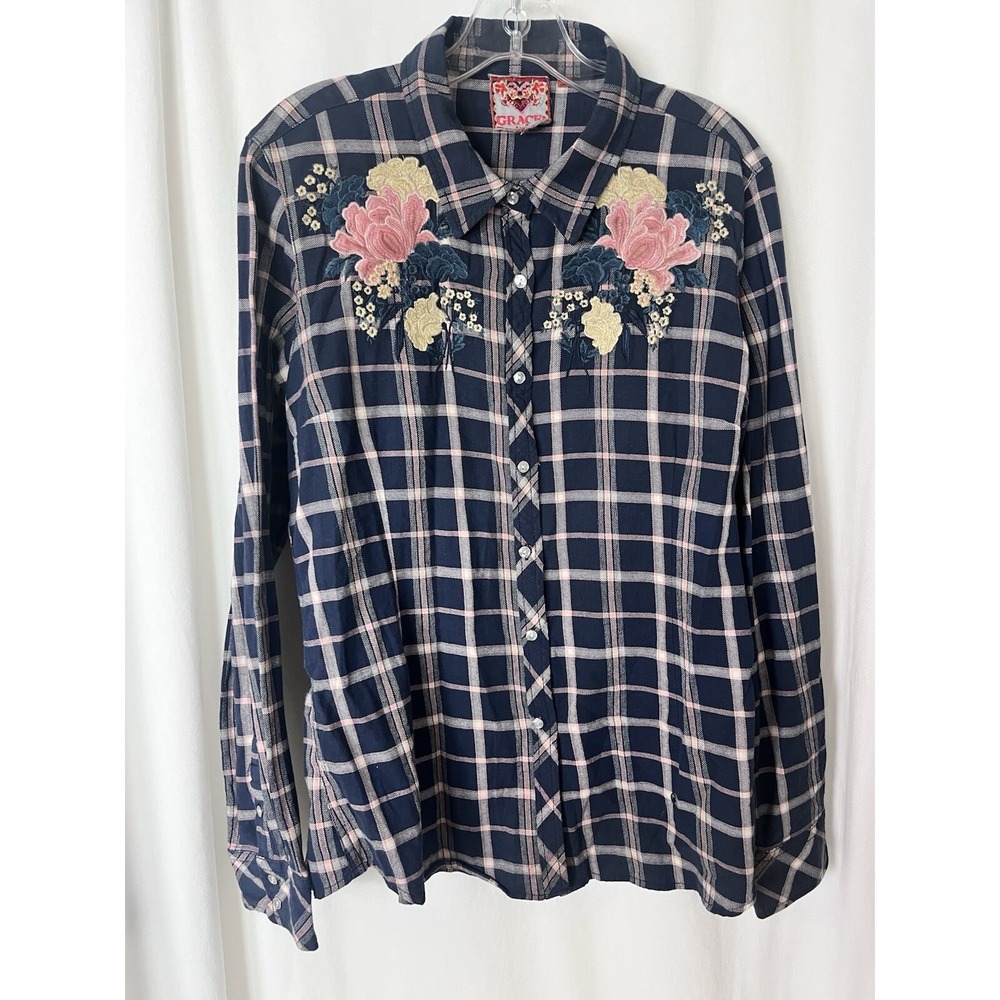 Grace in L.A. Cotton Navy White Plaid Floral Embroidery Flannel Shirt Size XL